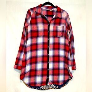 Soft Surroundings Womens Plaid Flannel  Tapestry tunic Shirt Velvet Trim Size L